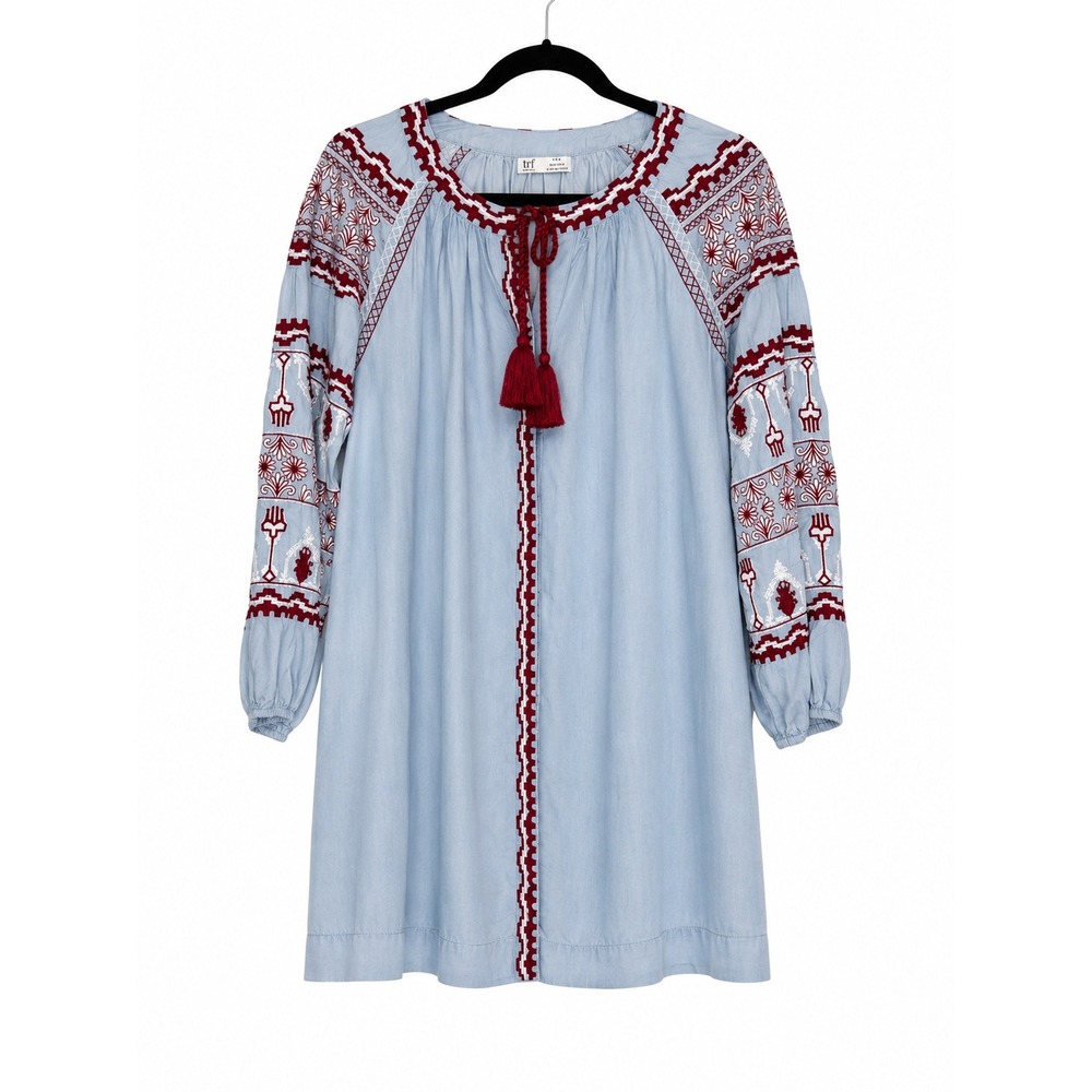 Zara TRF Blue Chambray Embroidered Boho Tunic Dress Red Tassel Sm Beach Casual